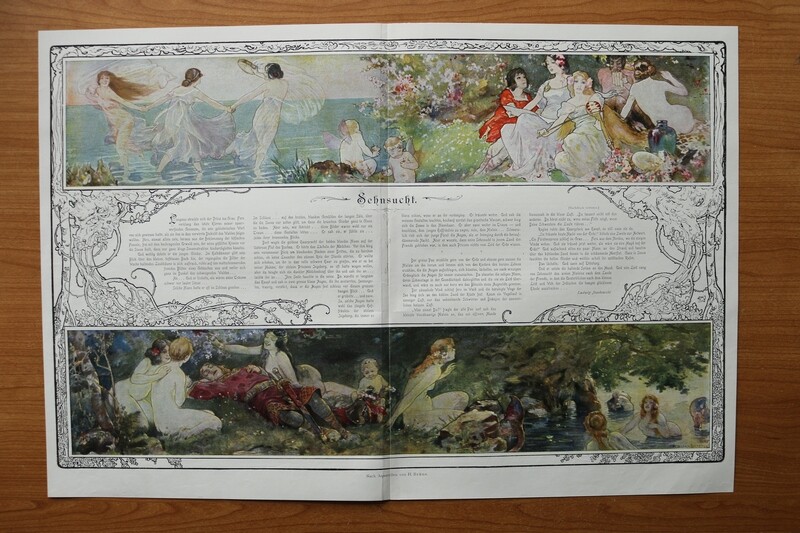 Kunst Druck nach H Brüne 1899-1905 Sehnsucht Jugendstil Tanz Frauen Ritter 54 x 36 cm