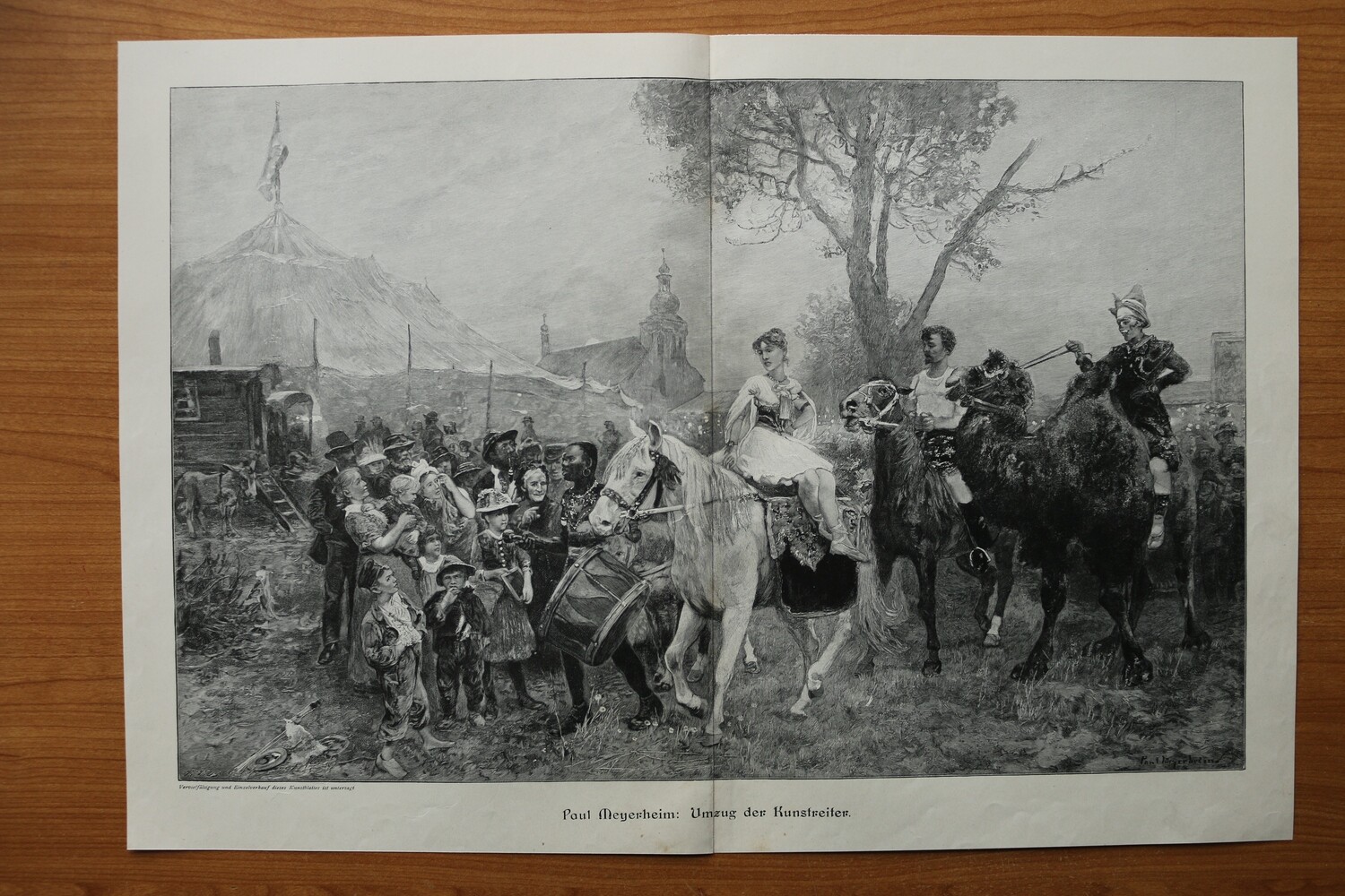 Holzstich nach Paul Meyerheim 1899-1905 Umzug der Kunstreiter Zirkus Jahrmarkt Pferd Kamel 51 x 35 cm