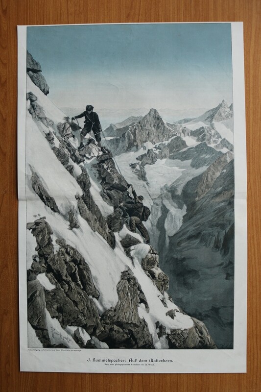 Farb Holzstich nach J Rummelspacher 1899-1905 Auf dem Matterhorn Bergsteiger Sport 50,5 x 33 m