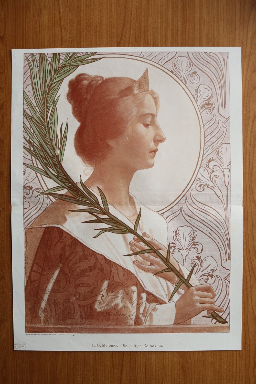 Kunst Druck nach K Schleibner 1899-1905 Die heilige Katharina Jugendstil Ölzweig 47 x 35,5 cm
