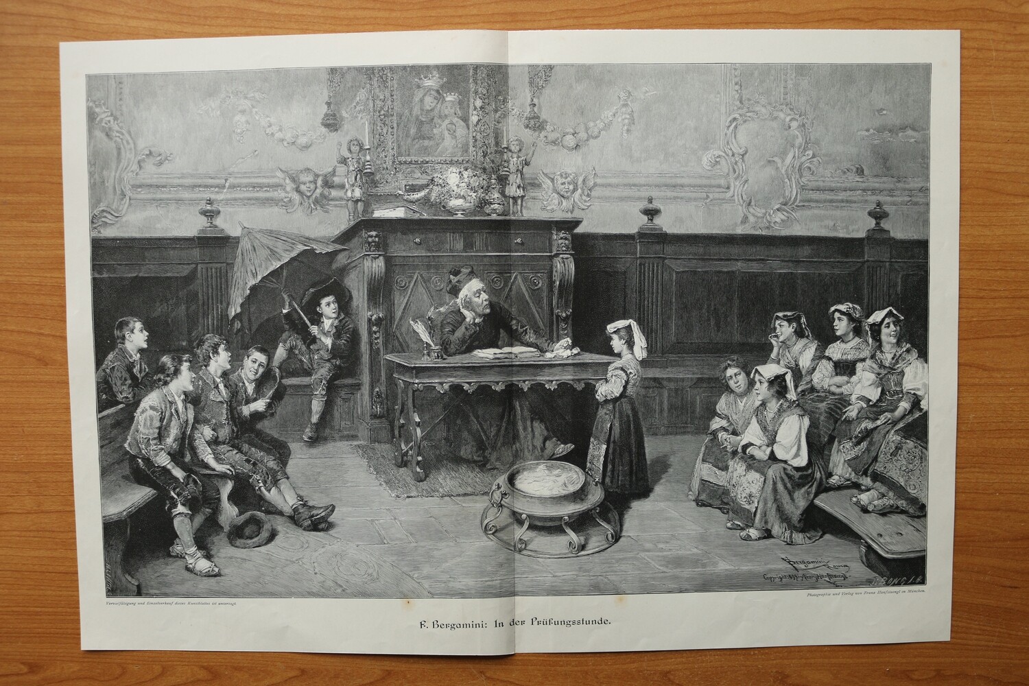 Holzstich nach F Bergamini 1899-1905 In der Prüfungsstunde Pfarrer Mädchen Jungen Katechismus 51 x 36 cm