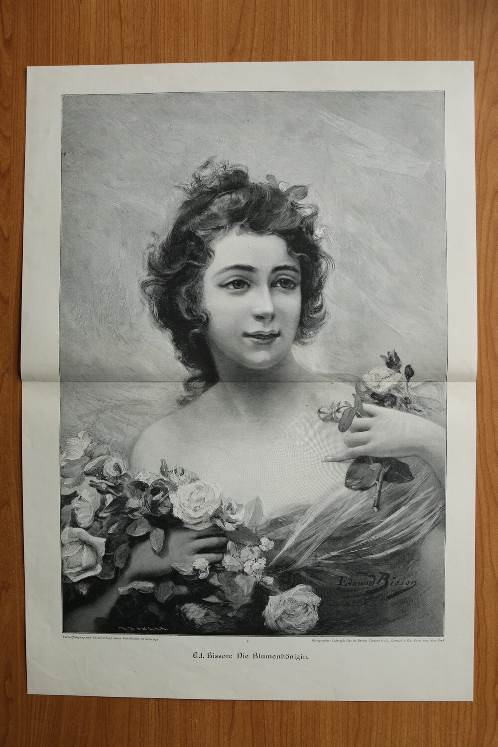Holzstich nach Eduard Bisson 1890-1910 Die Blumenkönigin Frau Blumen 51 x 36 cm