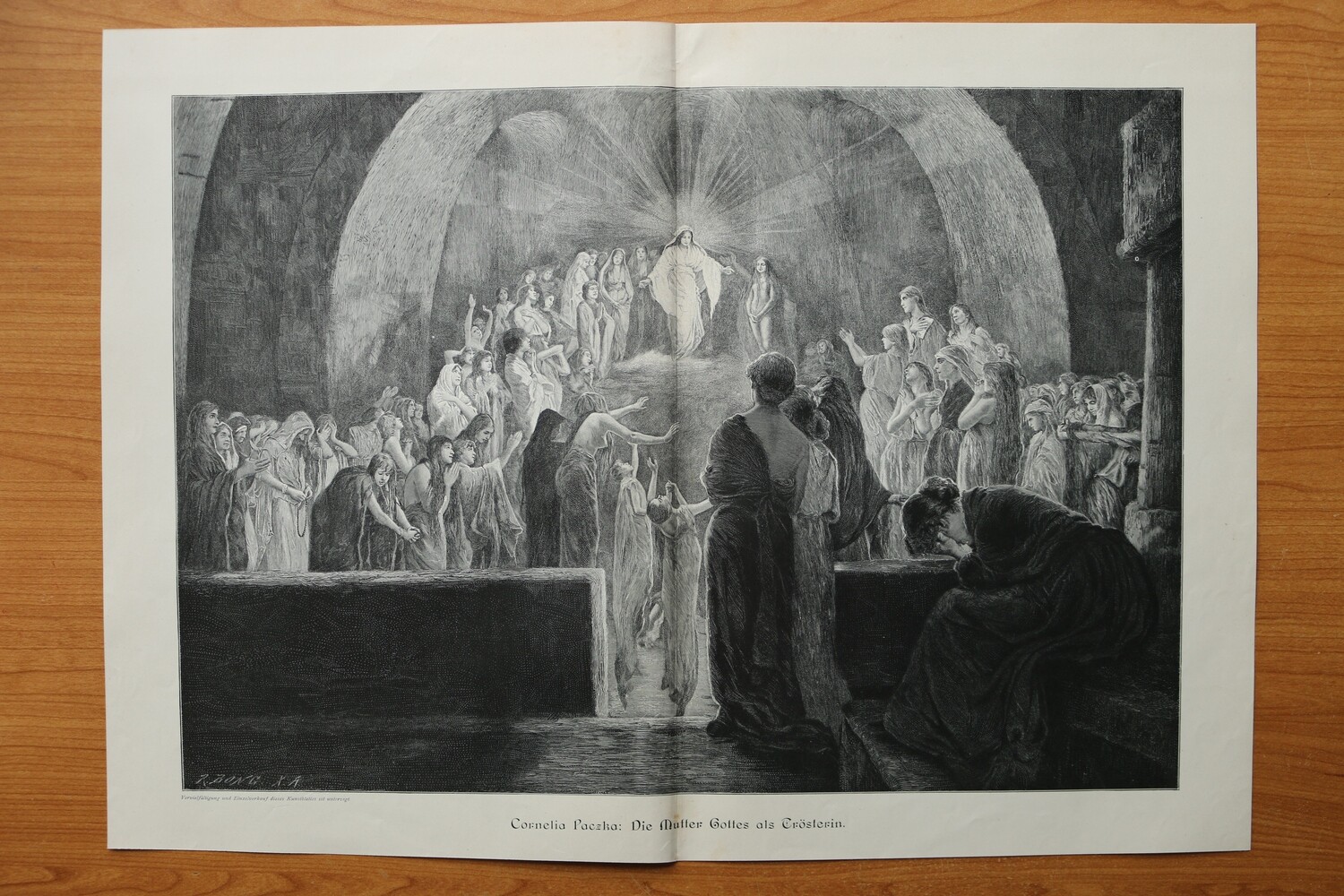 Holzstich nach Cornelia Paczka 1890-1910 Die Mutter Gottes als Trösterin Religion Anbetung 51 x 37 cm
