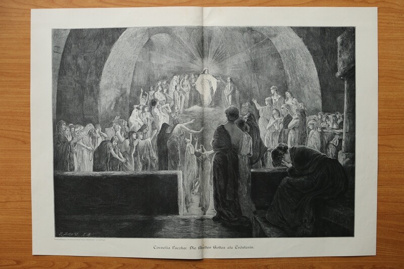 Holzstich nach Cornelia Paczka 1890-1910 Die Mutter Gottes als Trösterin Religion Anbetung 51 x 37 cm