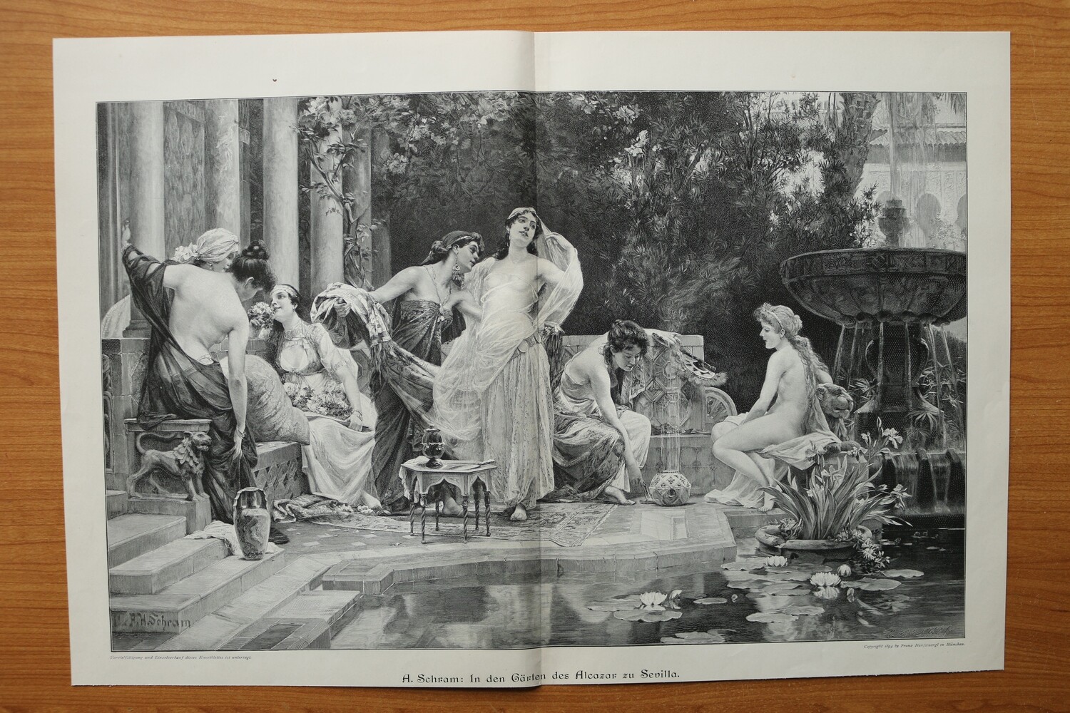 Holzstich nach A Schram 1890-1910 In den Gärten des Alcazar zu Sevilla Frauen baden nackt 51 x 35 cm