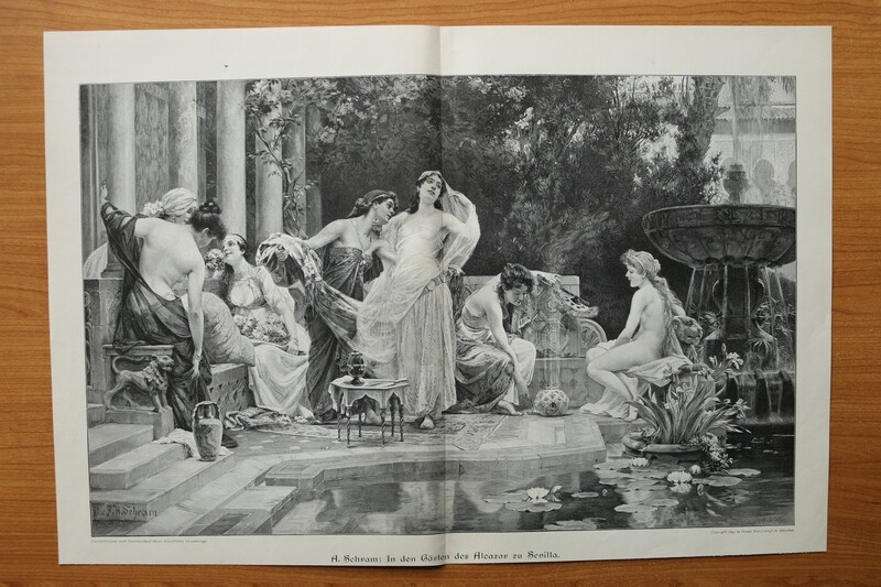 Holzstich nach A Schram 1890-1910 In den Gärten des Alcazar zu Sevilla Frauen baden nackt 51 x 35 cm
