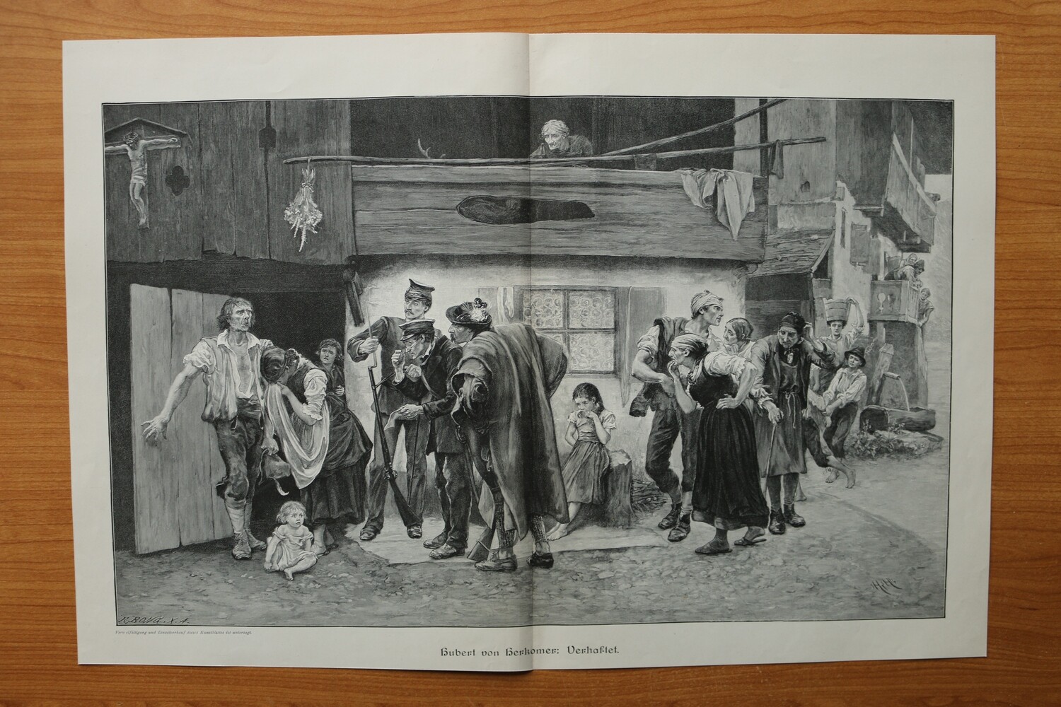 Holzstich nach Hubert von Herkomer 1890-1910 Verhaftet Polizei Gendarm Bauernhof 51 x 35 cm