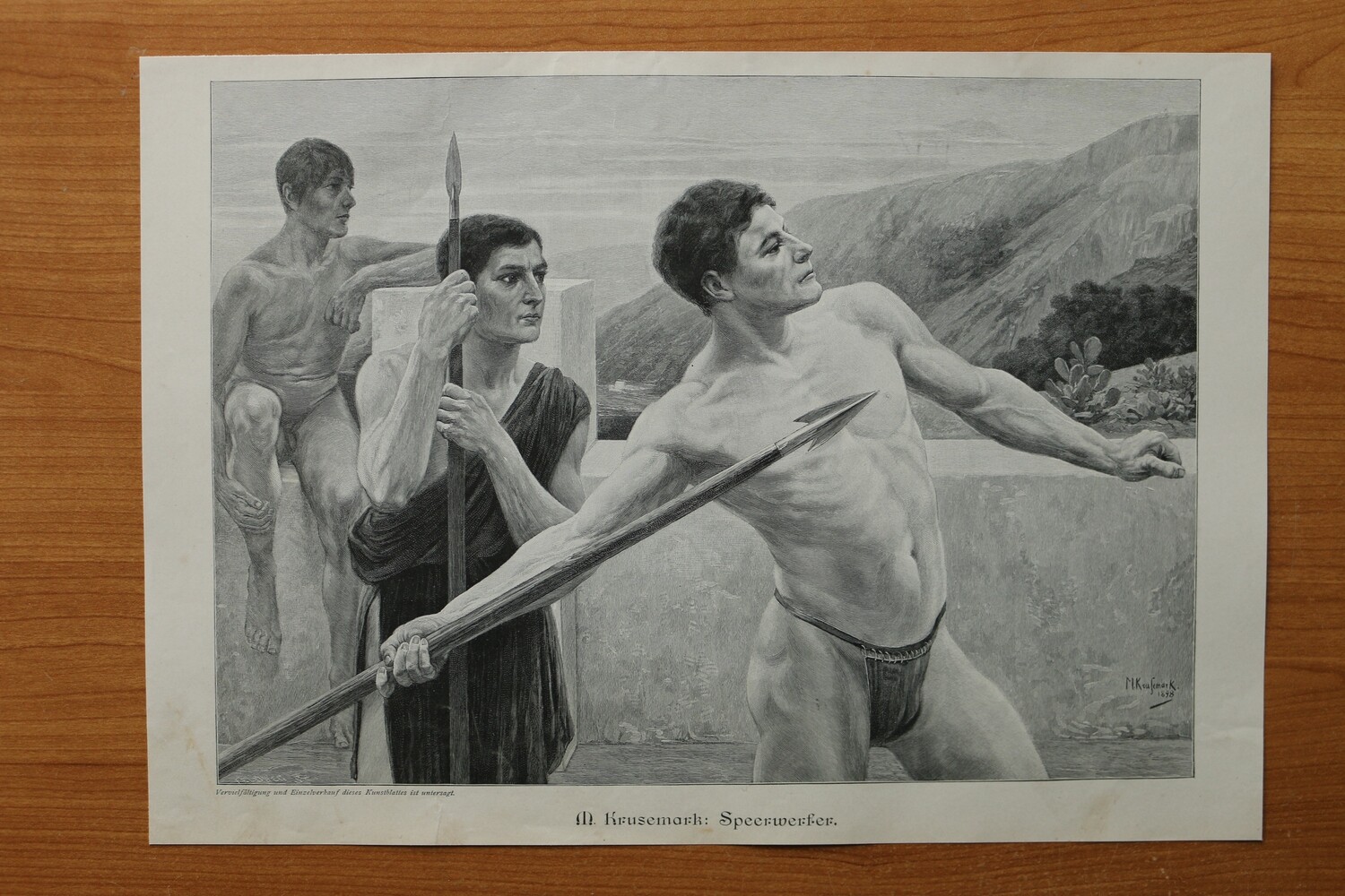 Holzstich nach M Krusemark 1890-1910Speerwerfer Antike Sport 36,5 x 25,5 cm