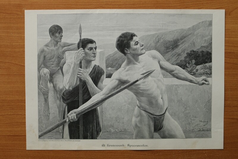 Holzstich nach M Krusemark 1890-1910Speerwerfer Antike Sport 36,5 x 25,5 cm Holzstich nach M Krusemark 1890-1910Speerwerfer Antike Sport 36,5 x 25,5 cm
