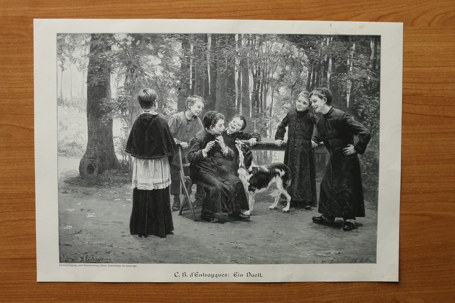 Holzstich nach C B d´Entrayques 1890-1910 Ein Duett Kinder  Hund Religion 36,5 x 26 cm