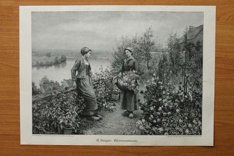 Holzstich nach R Knight 1890-1910 Dämmerstunde Frauen Blumen sammeln 36,5 x 26 cm Holzstich nach R Knight 1890-1910 Dämmerstunde Frauen Blumen sammeln 36,5 x 26 cm