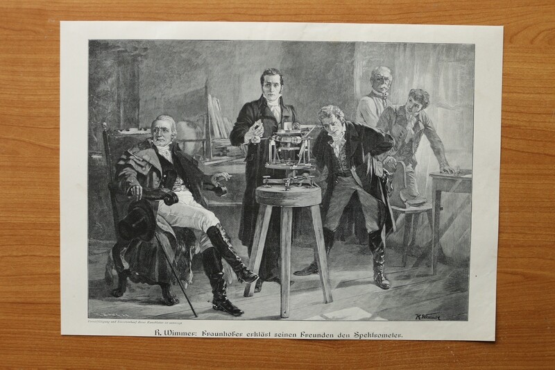 Holzstich nach R Wimmer 1890-1910 Fraunhofer erklärt seinen Freunden den Spektrometer 36 x 26 cm