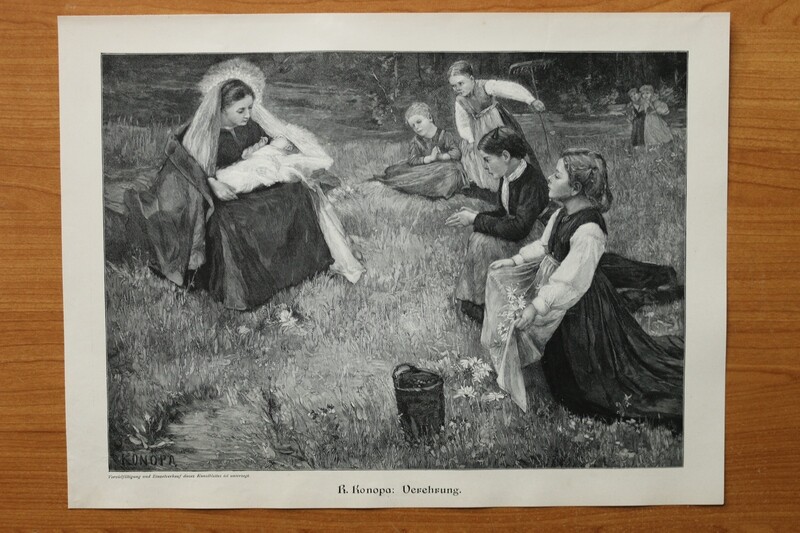 Holzstich nach R Konopa 1890-1910 Verehrung Maria Religion Kinder 36,5 x 27 cm Holzstich nach R Konopa 1890-1910 Verehrung Maria Religion Kinder 36,5 x 27 cm