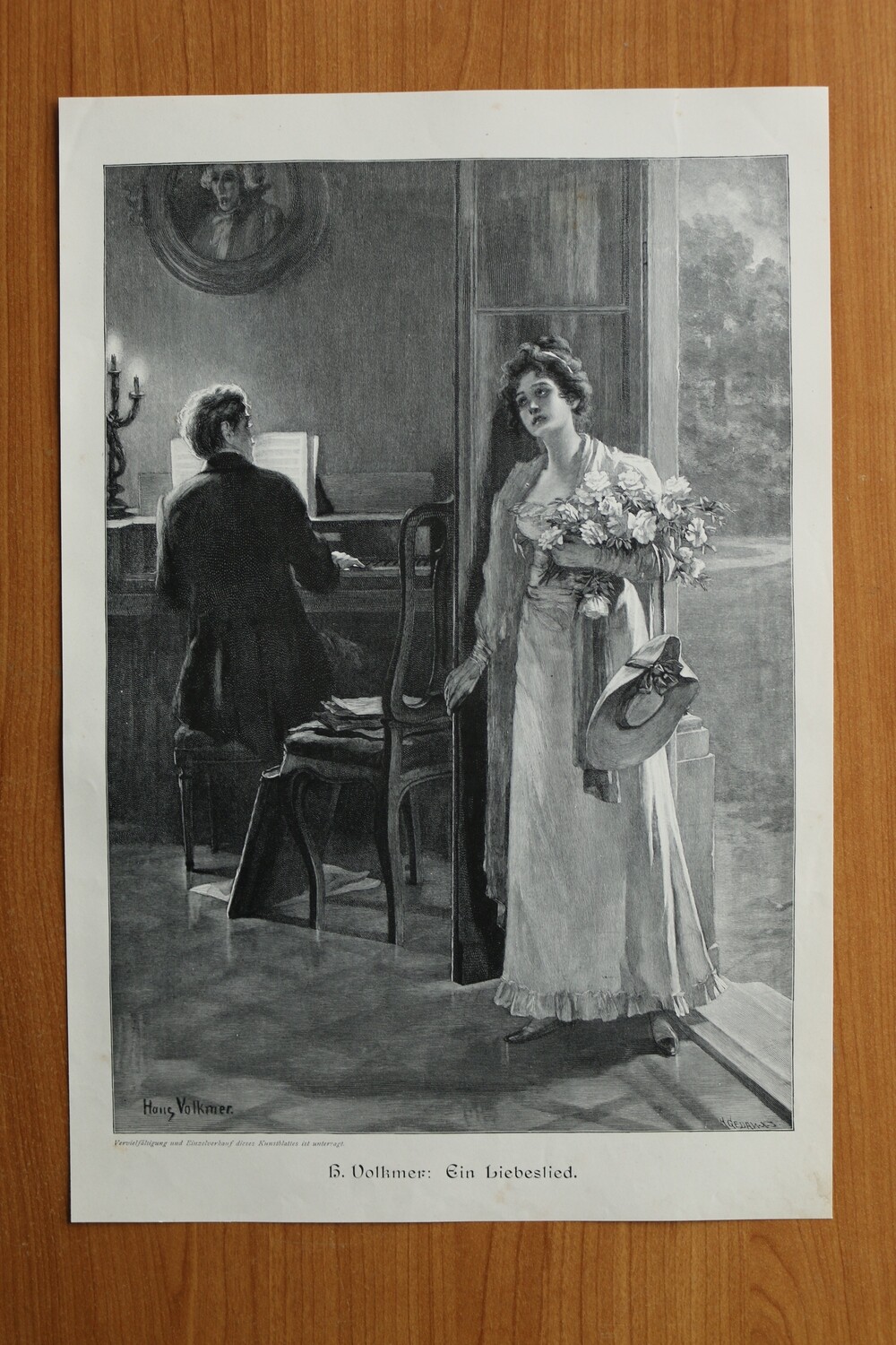 Holzstich nach H Volkmer 1890-1910 Ein Liebeslied Paar Frau Musik 26 x 37,5 cm
