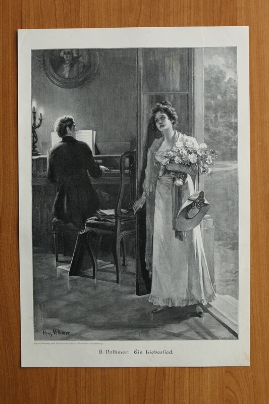 Holzstich nach H Volkmer 1890-1910 Ein Liebeslied Paar Frau Musik 26 x 37,5 cm