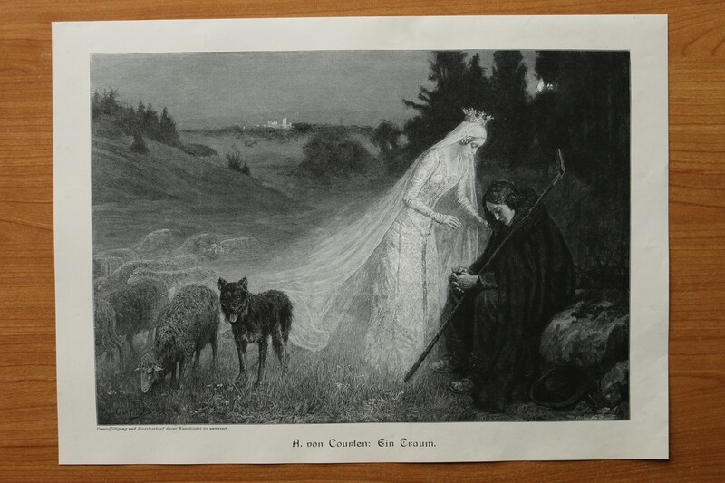Holzstich nach A von courten 1890-1910 Ein Traum Maria Schäfer Hund Schafe 36 x 26,5 cm