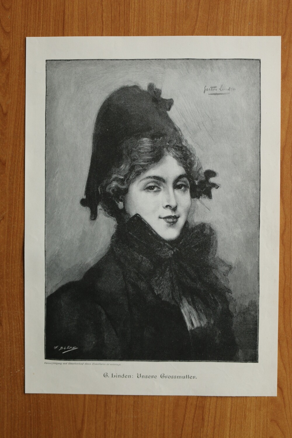 Holzstich nach G Linden 1890-1910 Unsere Grossmutter Frau Kleidung Mode 36 x 25,5 cm