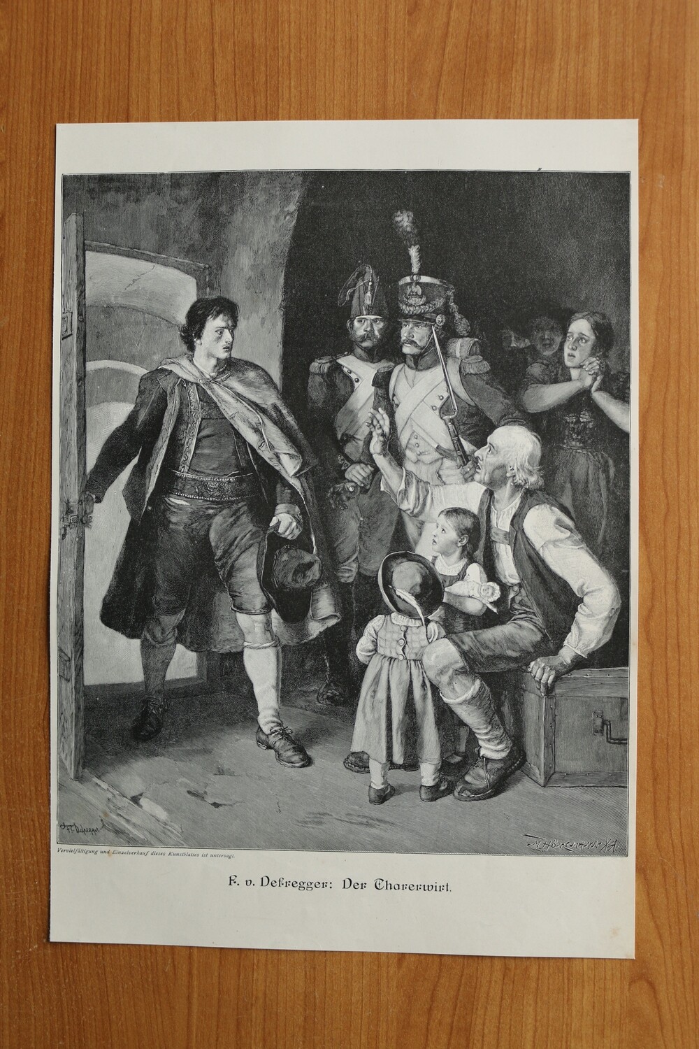 Holzstich nach F von Defregger 1890-1910 Der Tharerwirt Soldaten 25 x 36 cm