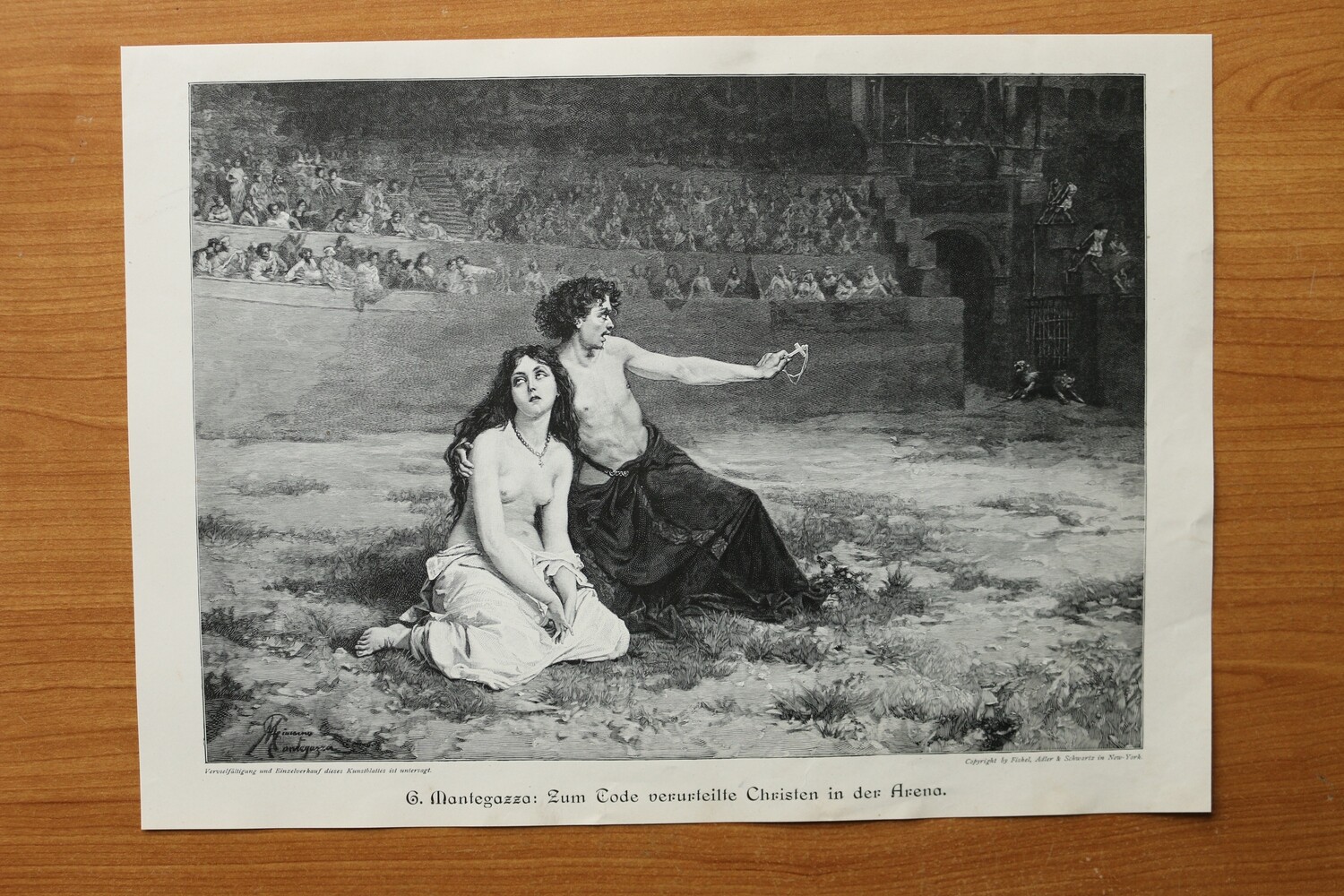Holzstich nach Mantegazza 1890-1910 Zum Tode verurteilte Chriten in der Arena 36,5 x 26,5