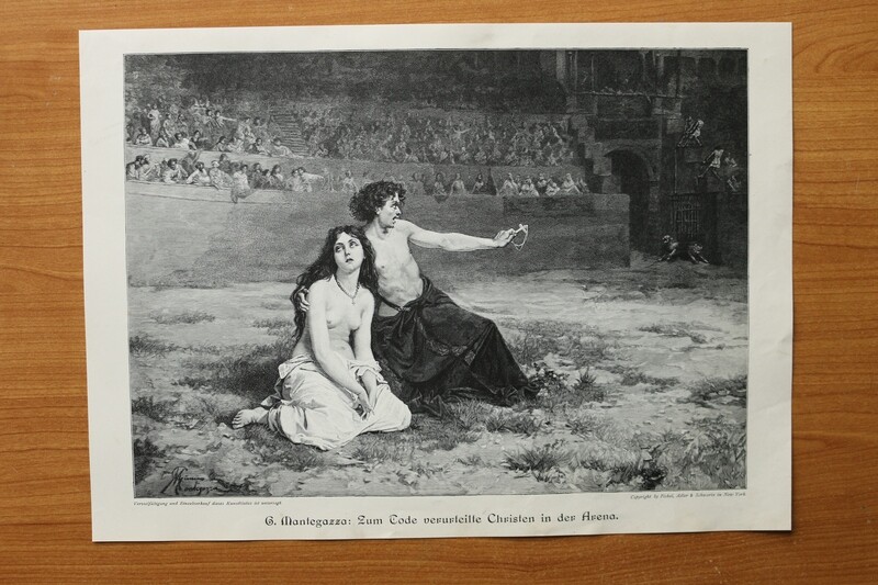 Holzstich nach Mantegazza 1890-1910 Zum Tode verurteilte Chriten in der Arena 36,5 x 26,5