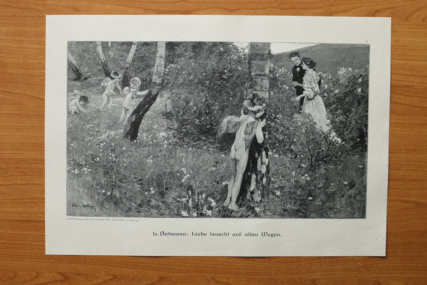 Holzstich nach L Dettmann 1890-1910 Liebe lauscht auf allen Wegen Amor Liebespaar 36 x 25,5 cm