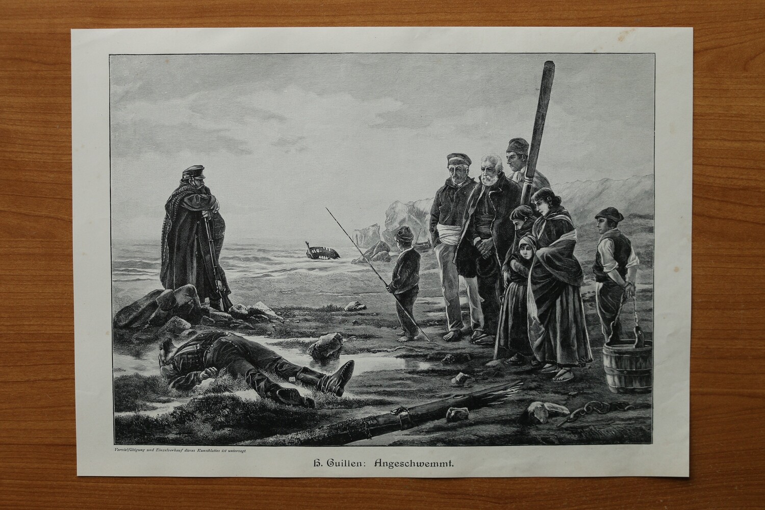 Holzstich nach H Guillen 1890-1910 Angeschwemmt Toter Seemann Küste 36 x 26 cm
