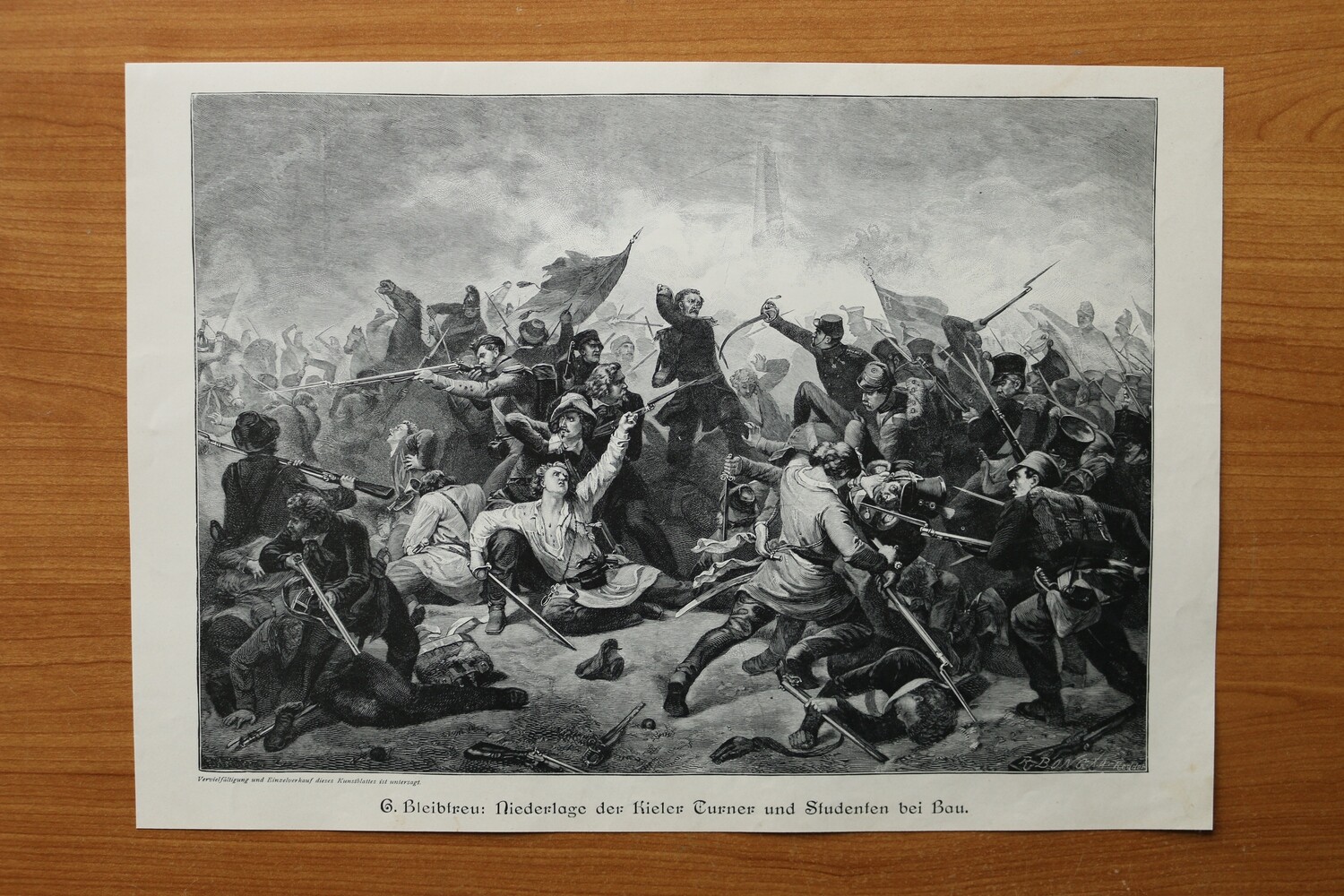 Holzstich nach Bleibtreu 1890-1910 Niederlage der Kieler Kiel Turner und Studenten bei Bau Schlachtfeld 37,5 x 26 cm