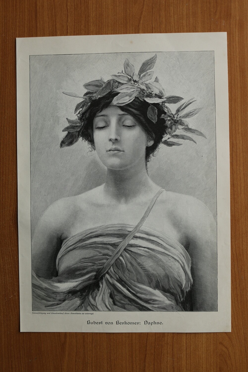Holzstich nach Hubert von Herkomer 1890-1910 Daphne Mythologie Frau Verwandlung 26 x 37 cm