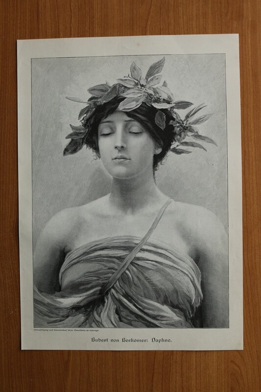 Holzstich nach Hubert von Herkomer 1890-1910 Daphne Mythologie Frau Verwandlung 26 x 37 cm