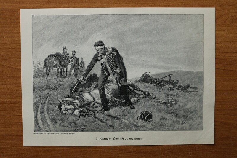 Holzstich nach H Krause 1890-1910 Der Gnadenschuss Husar Pferd Schlachtfeld 37 x 26 cm