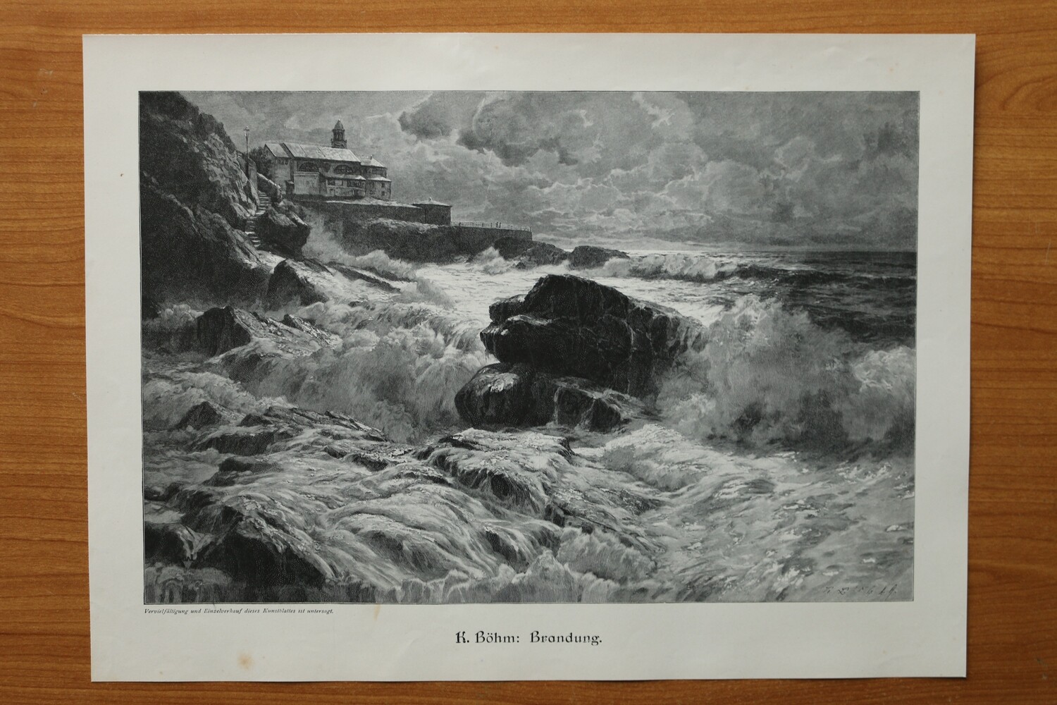 Holzstich nach K Böhm 1890-1910 Brandung Küste Haus Meer 36,5 x 26,5 cm