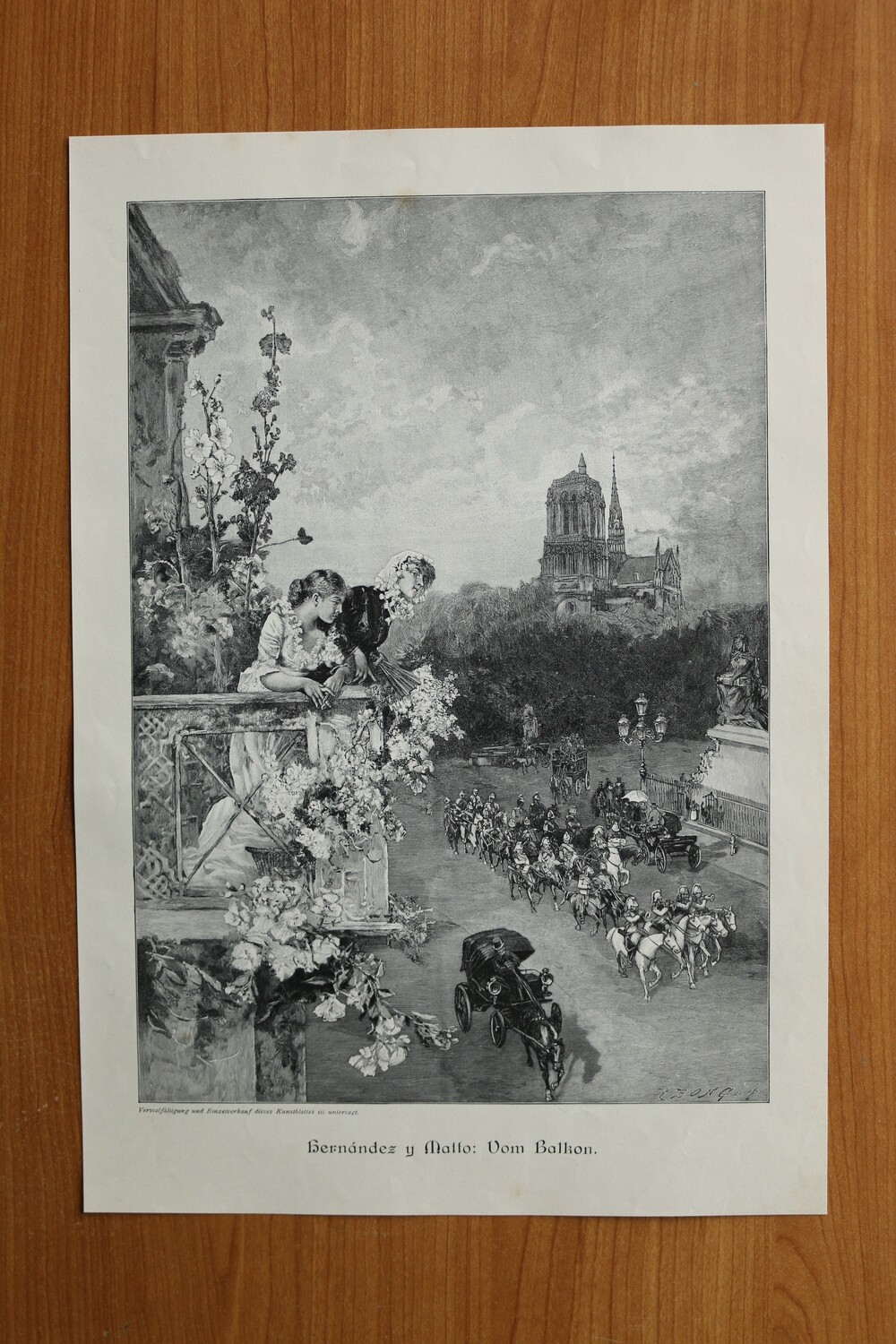Holzstich nach Hernandez y Matto 1890-1910 Vom Balkon Frauen winken Militär Parade 26 x 38 cm