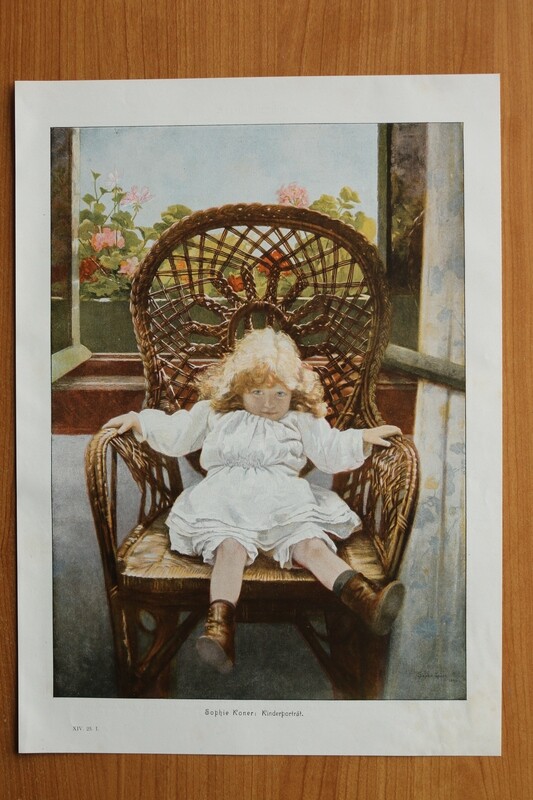 Kunst Druck nach Sophie Koner 1890-1910 Kinderprträt Kind Stuhl Möbel 27 x 37,5 cm