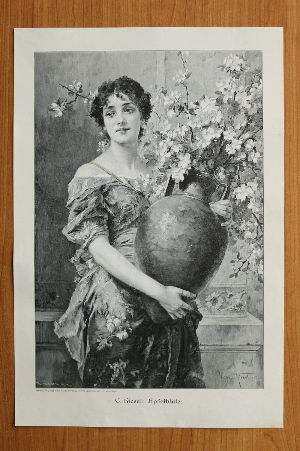 Holzstich nach Conrad Kiesel 1890-1910 Apfelblüte Frau Vase 25,5 x 37,5 cm
