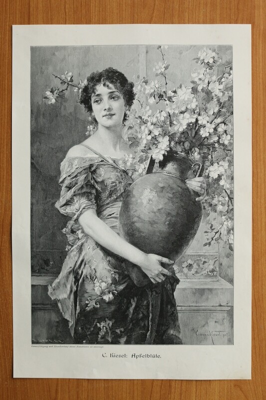 Holzstich nach Conrad Kiesel 1890-1910 Apfelblüte Frau Vase 25,5 x 37,5 cm Holzstich nach Conrad Kiesel 1890-1910 Apfelblüte Frau Vase 25,5 x 37,5 cm