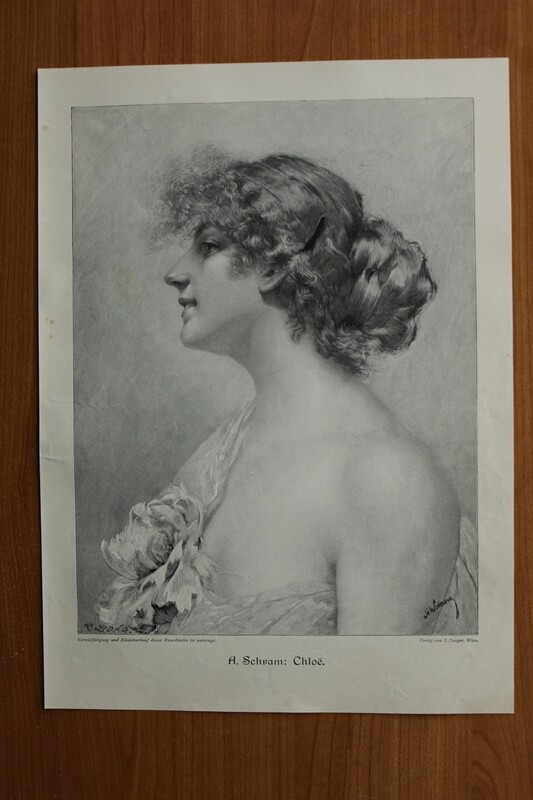 Holzstich nach A Schram 1890-1910 Chloe Frau Portrait 26,5 x 36,5 cm Holzstich nach A Schram 1890-1910 Chloe Frau Portrait 26,5 x 36,5 cm