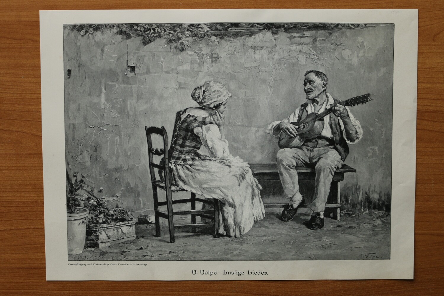 Holzstich nach V Volpe 1890-1910 Lustige Lieder Mädchen Musiker 36,5 x 26,5 cm