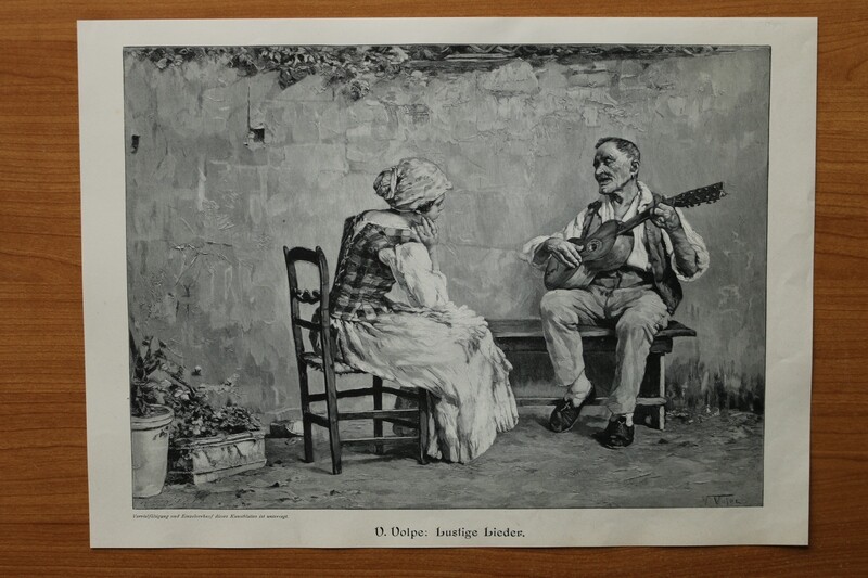 Holzstich nach V Volpe 1890-1910 Lustige Lieder Mädchen Musiker 36,5 x 26,5 cm Holzstich nach V Volpe 1890-1910 Lustige Lieder Mädchen Musiker 36,5 x 26,5 cm