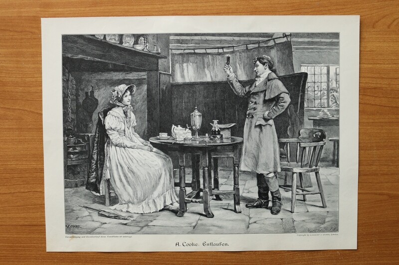 Holzstich nach A Cooke 1890-1910 Entlaufen Liebespaar gute Stube 36 x 27 cm Holzstich nach A Cooke 1890-1910 Entlaufen Liebespaar gute Stube 36 x 27 cm