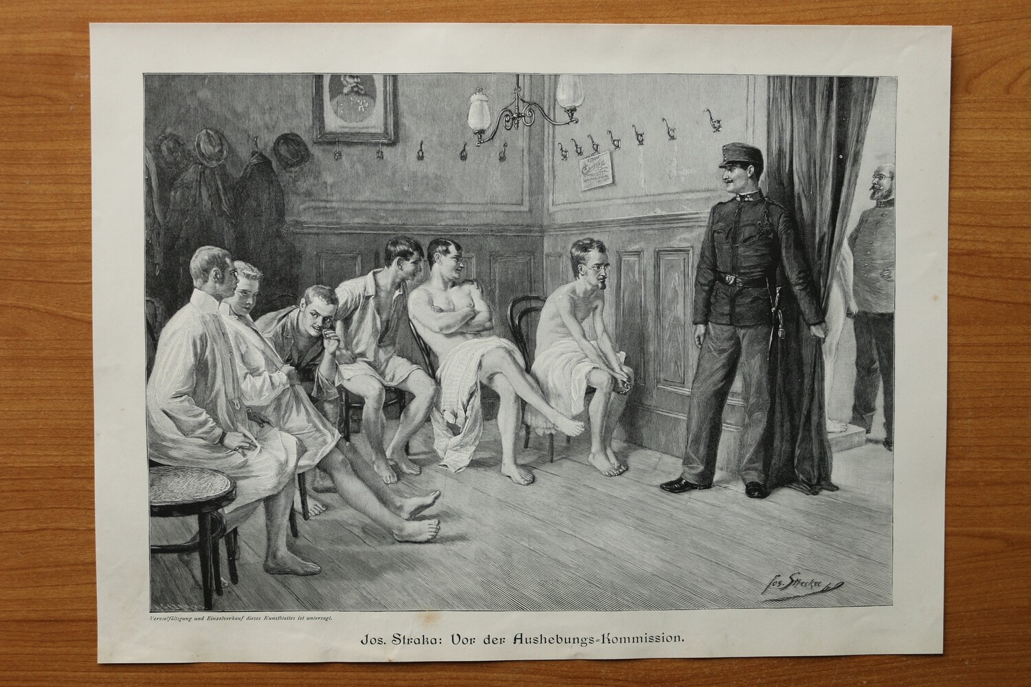 Holzstich nach Jos Straka 1890-1910 Vor der Aushebung Kommission Militär Österreich Ungarn 36,5 x 27 cm