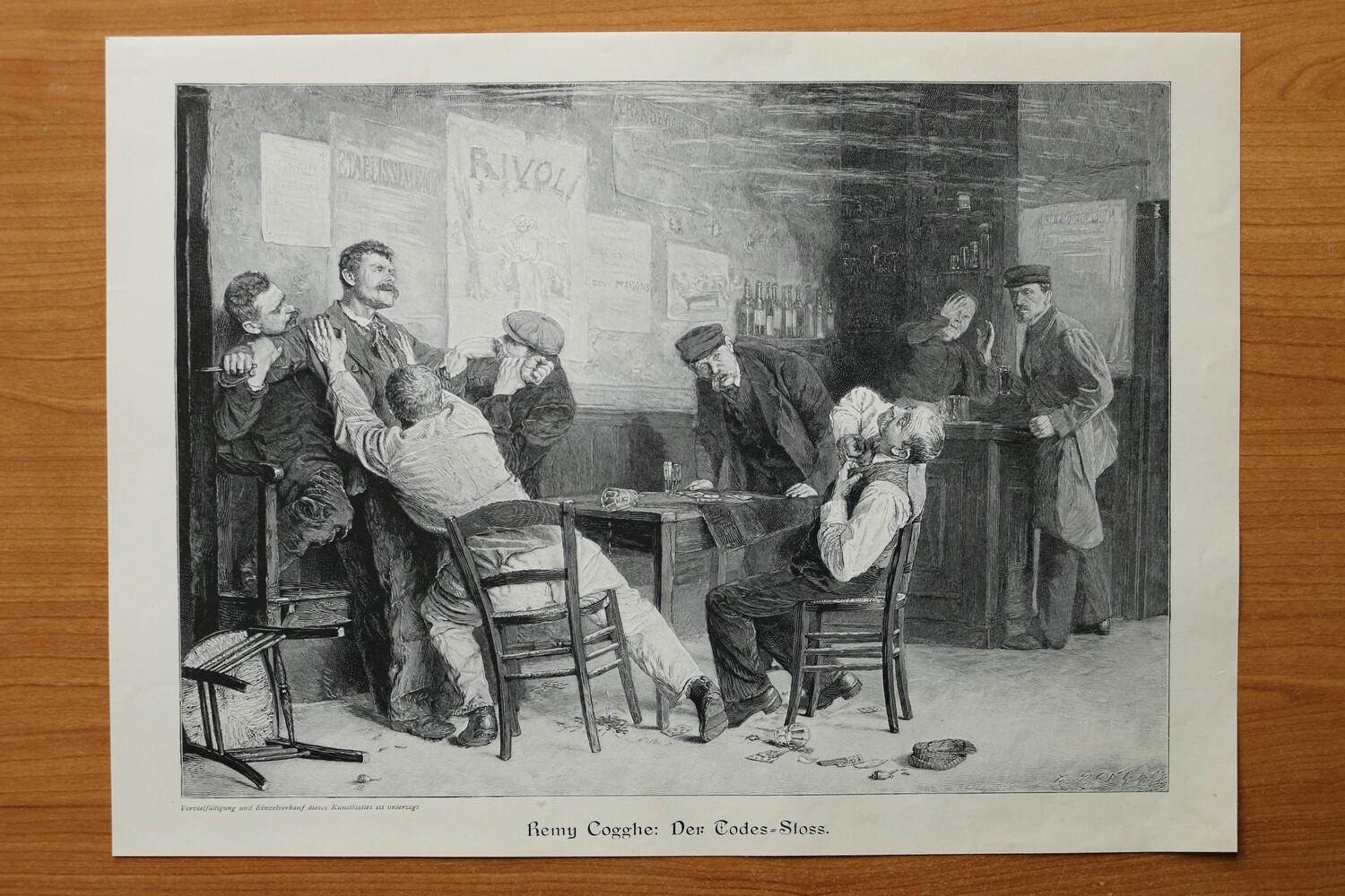 Holzstich nach Remy Cogghe 1890-1910 Der Todesstoss Mord Kartenspiel Kneipe 36,5 x 26,5 cm