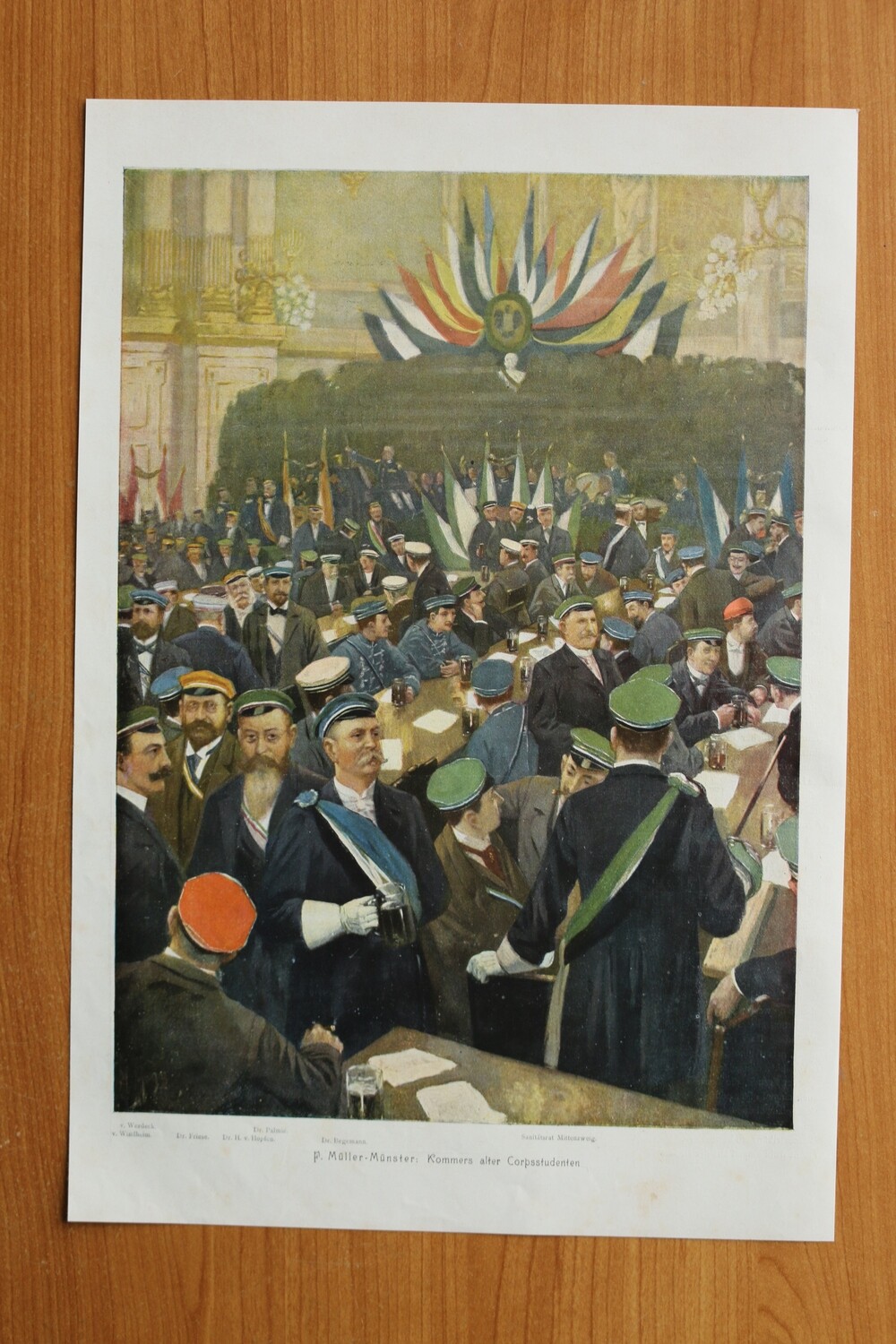 Kunst Druck nach F Müller Münster 1890-1910 Kommers alter Corpsstudenten Studentika Studenten mit Namen 26 x 38 cm