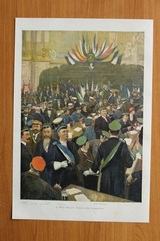 Kunst Druck nach F Müller Münster 1890-1910 Kommers alter Corpsstudenten Studentika Studenten mit Namen 26 x 38 cm