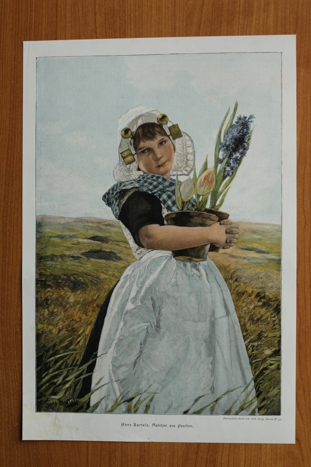 Farb Holzstich nach Hans Bartels 1890-1910 Mädchen aus Haarlem Niederlande Tracht Blumen26 x 38 cm