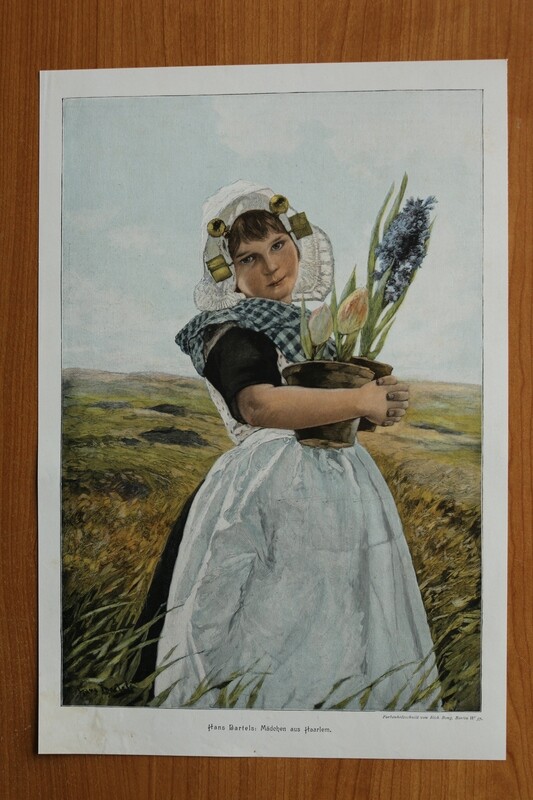 Farb Holzstich nach Hans Bartels 1890-1910 Mädchen aus Haarlem Niederlande Tracht Blumen26 x 38 cm