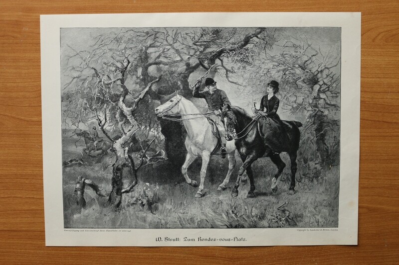 Holzstich nach W Strutt 1890-1910 Zum Rendez vous Platz Paar reiten Jagd 36 x 27 cm