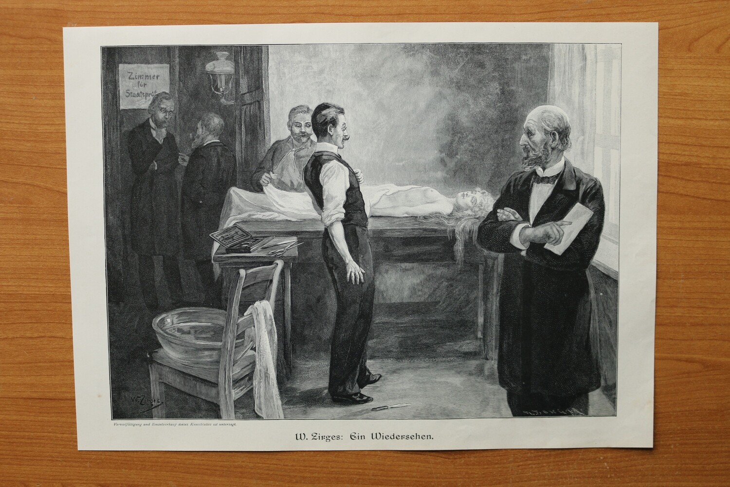 Holzstich nach W Zirges 1890-1910 Ein Wiedersehen Tote Frau Arzt Leichenschau Obduktion 36 x 26,5 cm