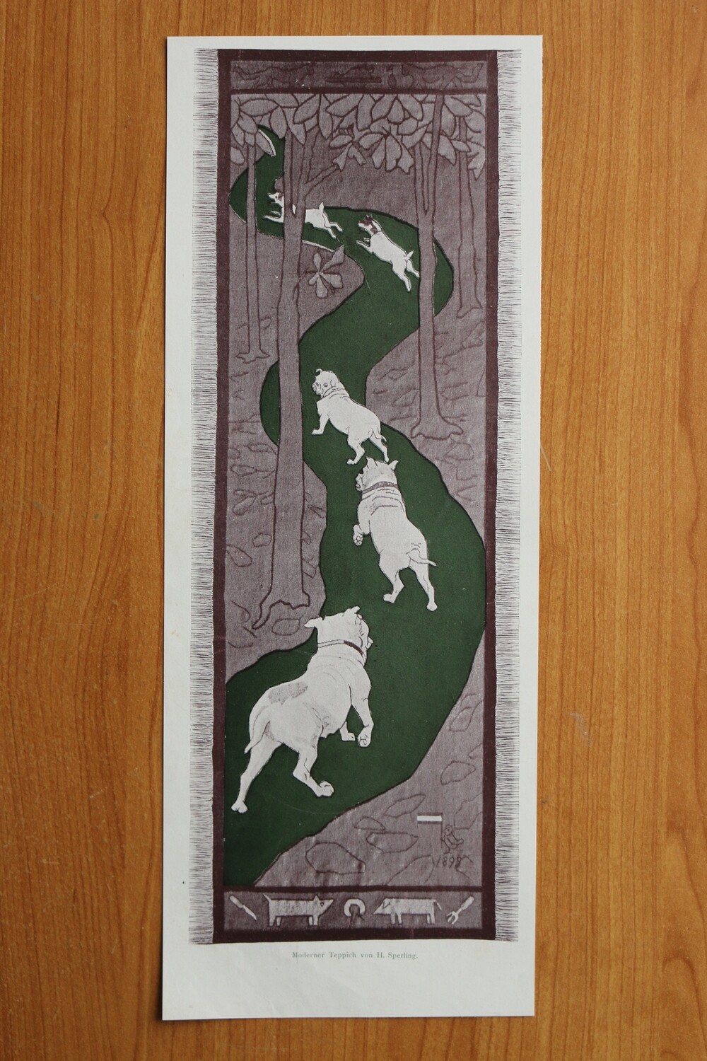 Jugendstil Kunst Druck nach H Sperling 1890-1910 Moderner Teppich Entwurf Hund Mops 13,5 x 35 cm