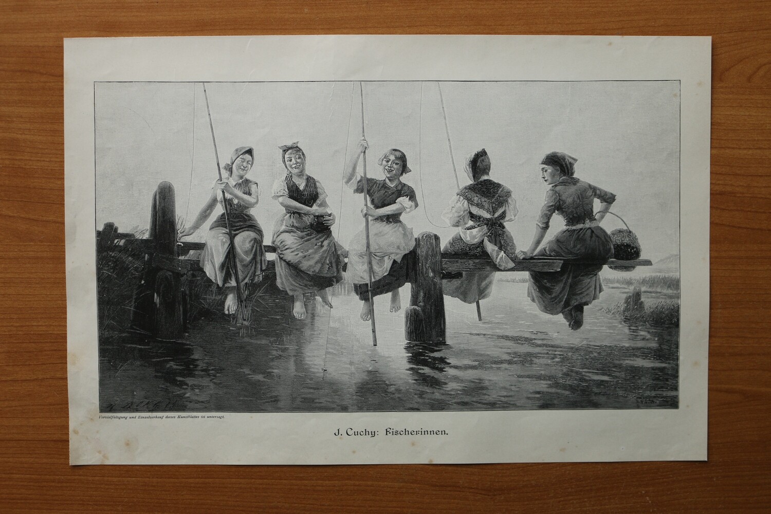 Holzstich nach J Cuchy 1890-1910 Fischerinnen angeln fischen Frauen 39,5 x 26 cm