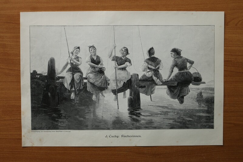 Holzstich nach J Cuchy 1890-1910 Fischerinnen angeln fischen Frauen 39,5 x 26 cm Holzstich nach J Cuchy 1890-1910 Fischerinnen angeln fischen Frauen 39,5 x 26 cm